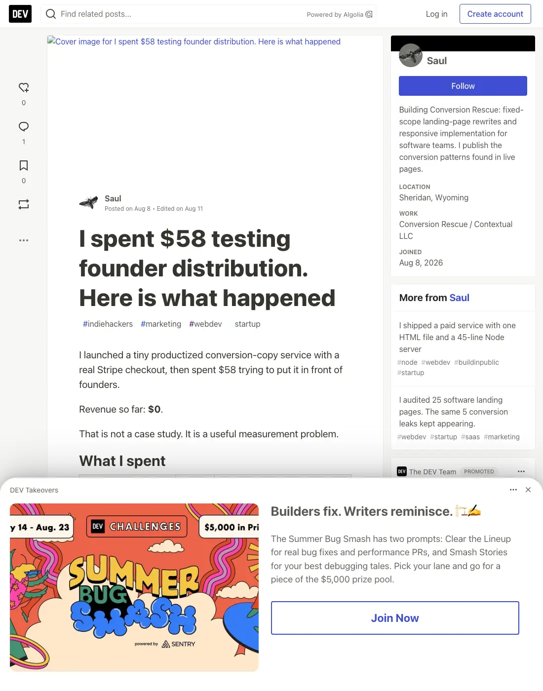 Saul's DEV.to post: I spent $58 testing founder distribution